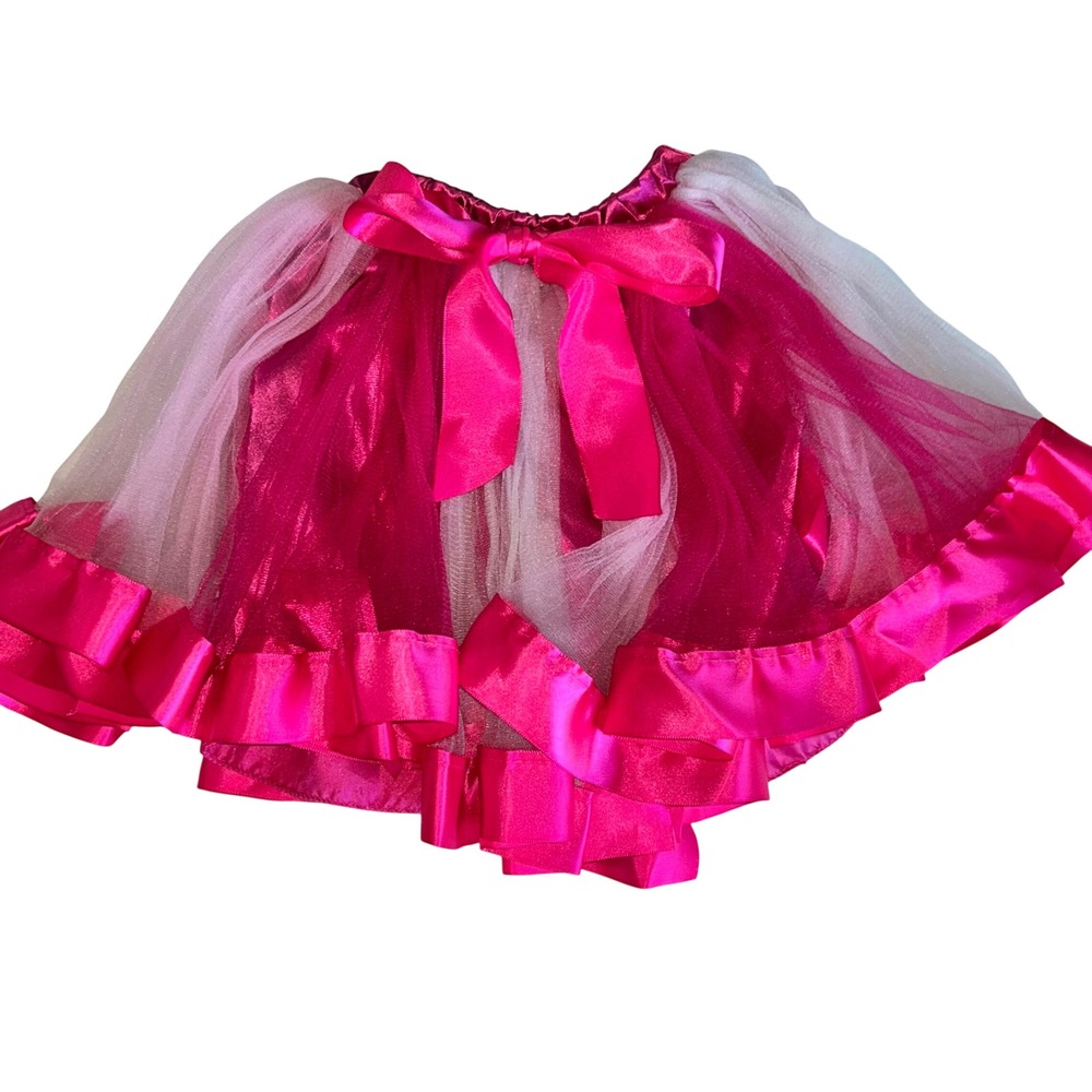 Girls Pink Tulle Tutu Skirt Satin Ribbon Trim Bow Elastic Waist Dance Dress Up